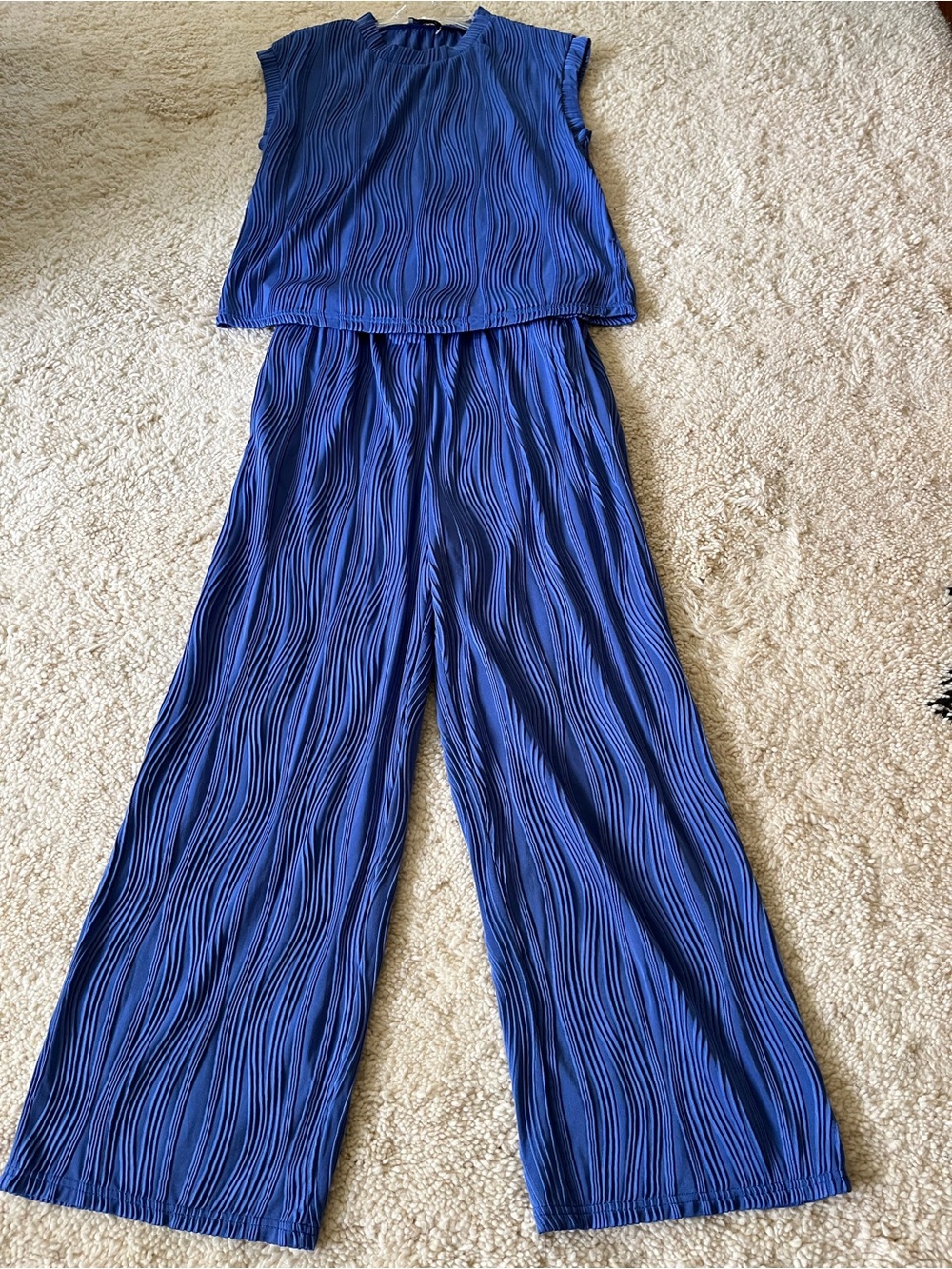 Grace Periwinkle Pleated Wide-Leg 2-Piece Outfit Sz L Wavy Texture Flare Leg NEW